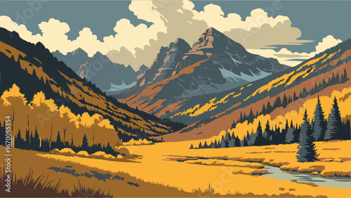 Autumnal Mountain Valley Landscape Golden Meadow Stream Coniferous Trees Peak Fall Scenery Nature Illustration.