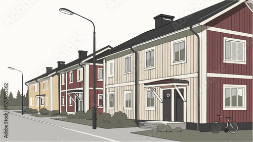 Illustration of a Row of Houses on a Residential Street with a Bicycle