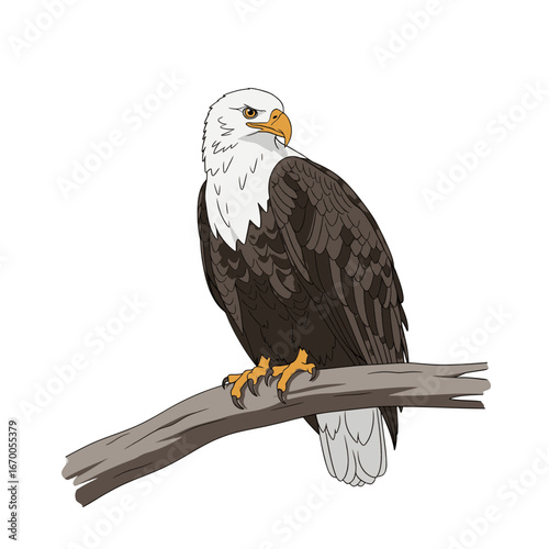 Detailed Illustration of an Eagle Perched on a Branch Featuring Brown Feathers and White Head on a White Background