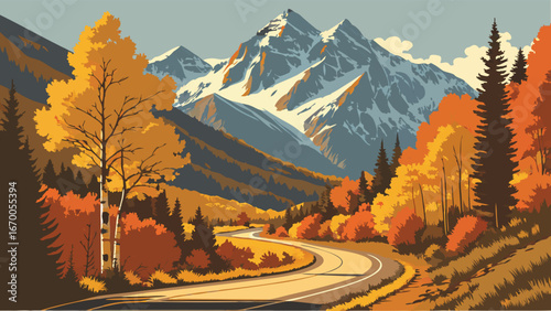 Autumnal Road Trip Through Majestic Mountains Scenic Fall Landscape Illustration.