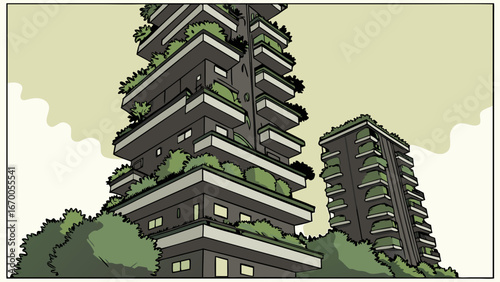 Illustration of modern apartment buildings with green spaces