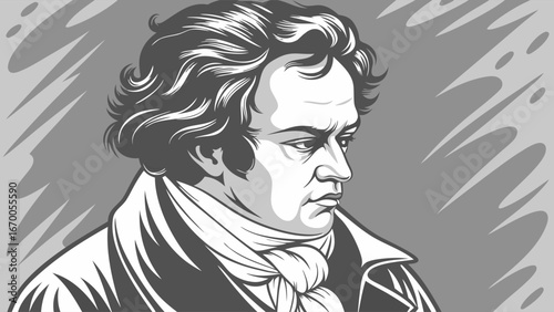 Black and White Portrait of a Historical Figure in Classic Clothing.