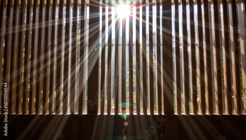 sunlight passing through slatted wooden panels, casting rhythmic shadows, creating a peaceful and structured emotional experience.