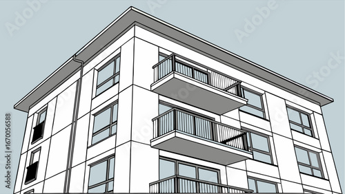 Low-angle view of a modern apartment building with balconies and large windows