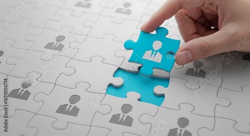 A light-blue puzzle piece, featuring a person icon, is placed in a grid of white puzzle pieces, each containing a similar grey person icon, illustrating the concept of finding the right employee.