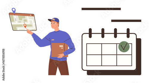 Delivery worker holding a package and pointing at a digital map. Adjacent calendar with a checkmark symbolizing scheduling, logistics, planning, and efficiency. Ideal for delivery, shipping, schedule