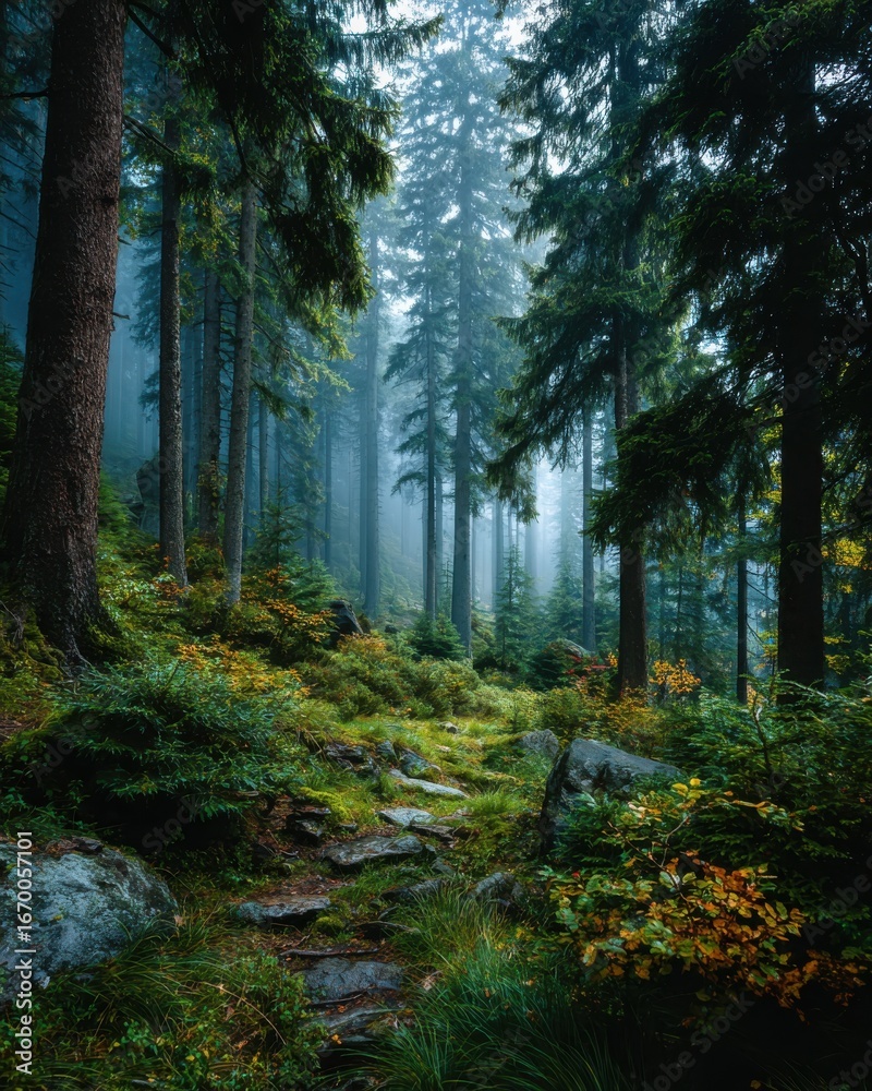 Obraz premium Misty Forest Pathway Veiled in Enchantment