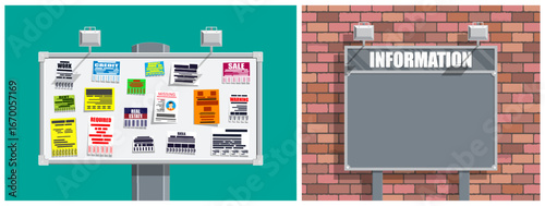 Information stand billboard with empty board and full with various ads. Flat style vector illustration set.