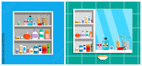 Bathroom cabinet with various hygiene products. Mirror reflecting washbasin accessory. Personal care and cleanliness concept in flat style illustration.