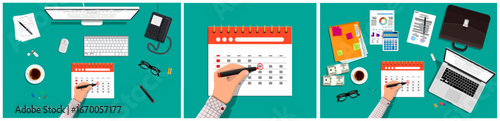 Man marks important date on calendar and plans with documents, laptop, and office items. Time management and business organization concept.