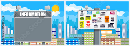 Urban landscape with blank billboard alongside a billboard featuring various announcement and advertisement notes. Community information board vector illustration.
