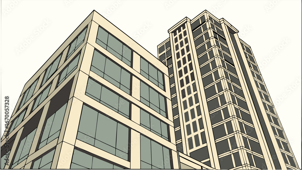 Fototapeta premium Low-angle view of modern buildings with glass windows and beige walls