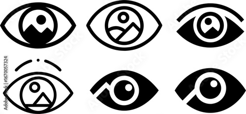  Visibility Icons – Eye and Distance Symbols: Minimal eye icons representing visibility and fog conditions for weather maps, navigation, and safety dashboards.