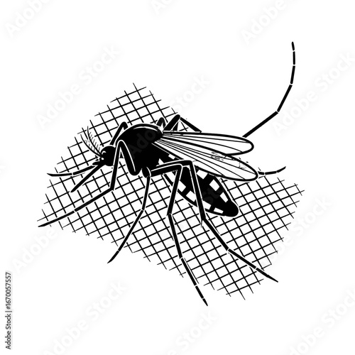 Black and White Vector Illustration of a Mosquito on Netting Graphic Icon for Health Prevention and Tropical Disease Awareness