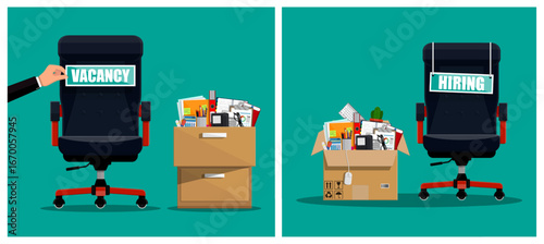 Man's hand putting 'vacancy' sign on office chair, with moving box and 'hiring' sign. Recruitment and job search concept.