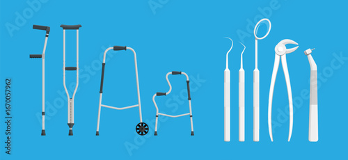 White crutches, walkers, and dentistry tools collection. Medical equipment set for clinic, hospital, and healthcare applications. Flat style vector.