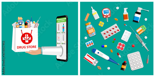 Man hand holding shopping bag with medicine coming out of smartphone screen. Online pharmacy deliver medical drug service. Pharmaceutical sales concept.