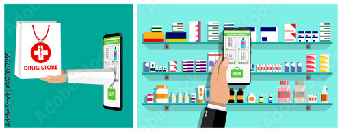 Man hand delivering package from phone to man hand in drug store setting. Online pharmacy and medicine shopping. Digital doctor consultation.