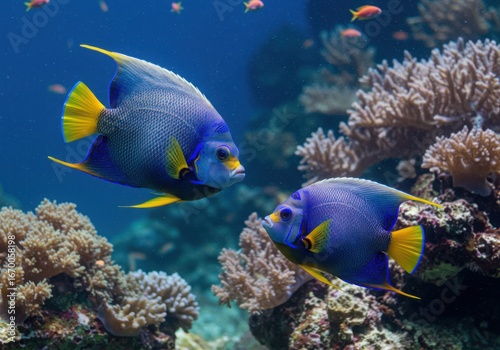 Two majestic blue and yellow angelfish swim amidst vibrant coral reefs