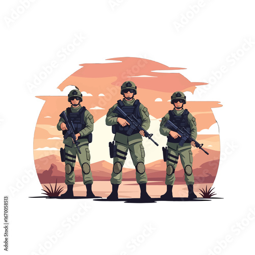 Pixel Art Illustration of Three Soldiers in Uniforms with Sunset Silhouette Background