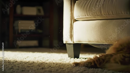 Ginger Cat Resting on a Carpet in a Sunlit Living Room