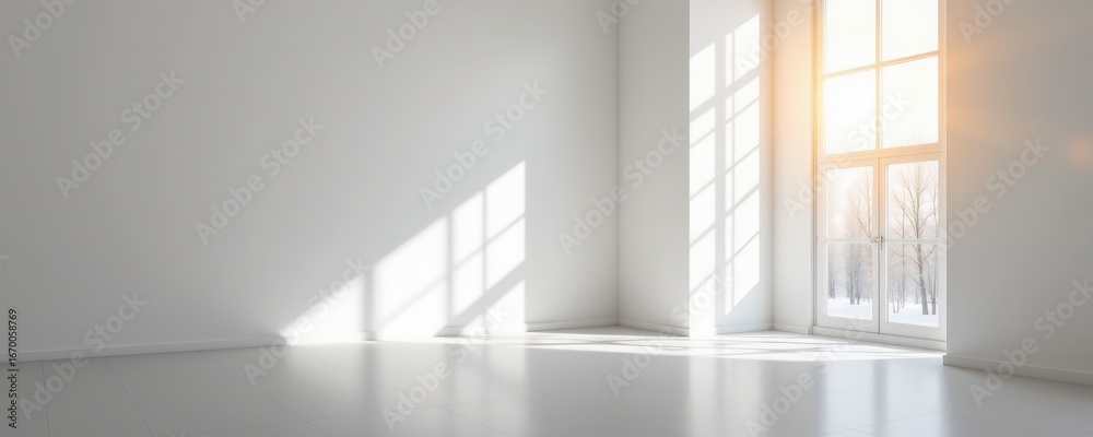 Fototapeta premium sunlight entering a monochrome abstract room creates tonal variations on walls and floors producing peaceful minimalistic and meditative visual effects.