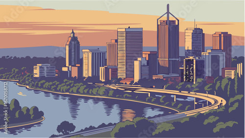 Cityscape at sunset urban landscape illustration modern architecture river highway vector art graphic design evening view buildings skyline downtown city panorama twilight dusk scenic beautiful illus.