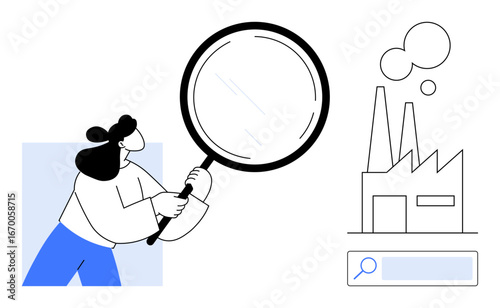 Woman holding magnifying glass near factory with smokestacks and search bar. Ideal for industry research, inspection, environmental study, quality control, innovation, search tools, simple landing
