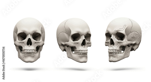Detailed anatomical representation of three human skulls from various perspectives on a pristine white background, highlighting cranial bone structure for scientific study