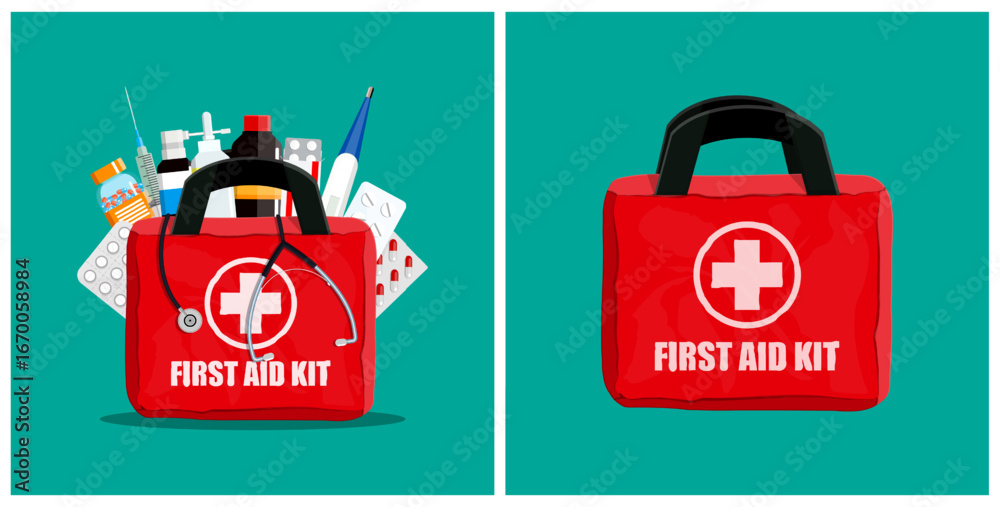 Naklejka premium Two red first aid kit bags shown, one full of medical items and the other closed. Medical health concept for emergency care.
