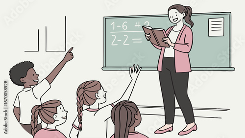 Classroom scene Teacher instructing students children raising hands blackboard with math problems education illustration.