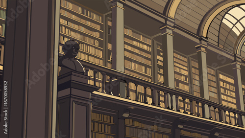 Classic Library Interior Bookshelves Study Reading Room Vintage Antique Education Knowledge Research Literature History Architecture Design Scholarly Academic Old Books Gallery Museum Balcony Columns.