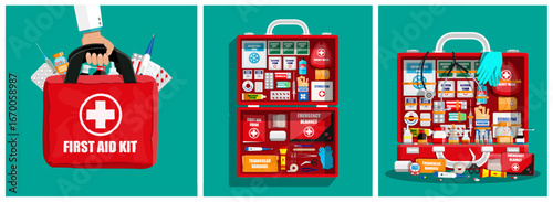 First aid kit with medical equipment and medicine. Doctor holding red bag. Emergency help and healthcare concept.