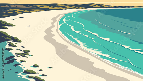 Coastal beach landscape ocean waves sandy shore summer vacation turquoise water aerial view travel poster holiday background seaside scene tranquil beach coastal view scenic landscape summer travel b.