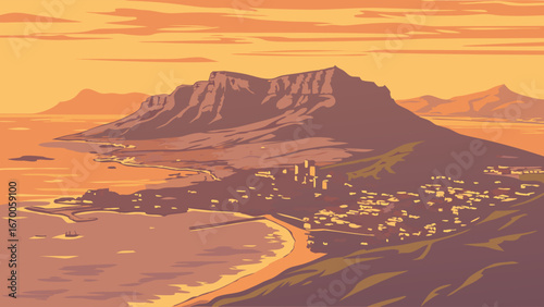 Coastal Cityscape at Sunset A Dramatic Aerial View of a Mountainous Region and Seaside Town.