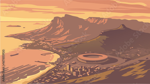 Coastal Cityscape at Sunset Panoramic View of Stadium and Mountains.