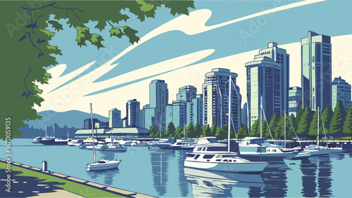 Coastal Cityscape Marina Skyscrapers and Summer Scene.