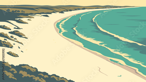 Coastal Landscape Ocean Waves Sandy Beach Summer Vacation Travel Poster Turquoise Water Scenic View Aerial Perspective Seaside Illustration Calm Ocean Nature Illustration Vacation Background Holiday .