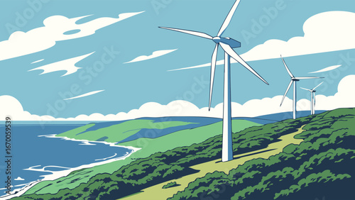 Coastal Wind Turbines Generating Clean Energy on a Hillside overlooking the Ocean.