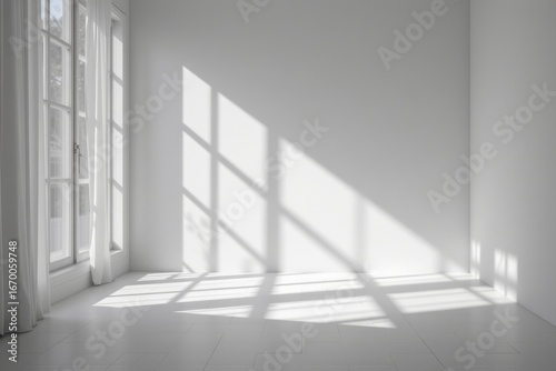 soft daylight entering a minimal abstract monochrome room produces layered tonal patterns and shadows evoking serenity balance and introspection.