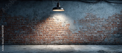 Single overhead industrial-style lamp illuminating a textured brick wall in a dimly lit space