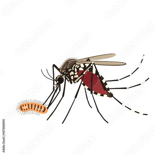 Pixelated Mosquito Vector Illustration with Black Stripes and Red Spot on White Background
