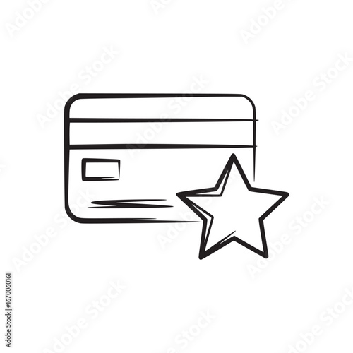 A simple line drawing of a credit card with a star next to it on a white background design icon