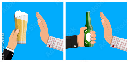 A man rejects a glass of beer and a bottle of beer. Alcohol refusal concept for healthy lifestyle and sobriety.