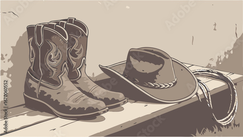 Cowboy Boots Hat and Lasso on Rustic Bench Western Illustration.
