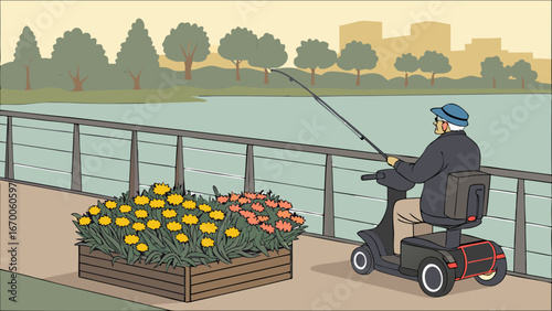 Senior Citizen Fishing by the River on Mobility Scooter