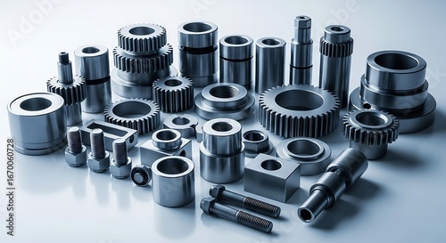 A collection of various metallic machine components, including gears, shafts, and fasteners, arranged on a light background.