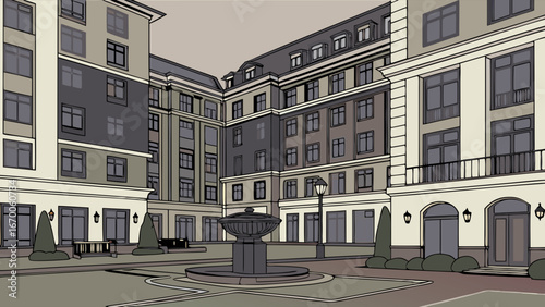 Stylish Apartment Complex Courtyard with Fountain Illustration