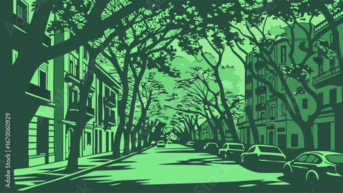 Stylized illustration of a tree-lined city street with cars