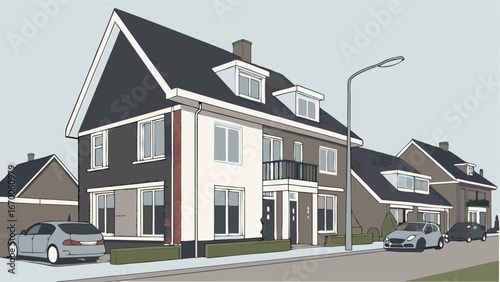 Townhouses, Suburban Street Scene, Residential Area, Architectural Illustration, Family Homes, Property, Real Estat